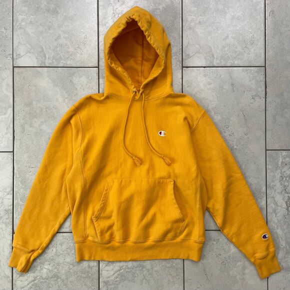 Champion Reverse Weave Yellow Hooded Sweatshirt Size M Heavy Casual Hoodie - Picture 1 of 6
